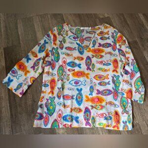 FRESH PRODUCE Cotton Dopamine Funky Vintage 90s Sheer Blouse Fish Y2k